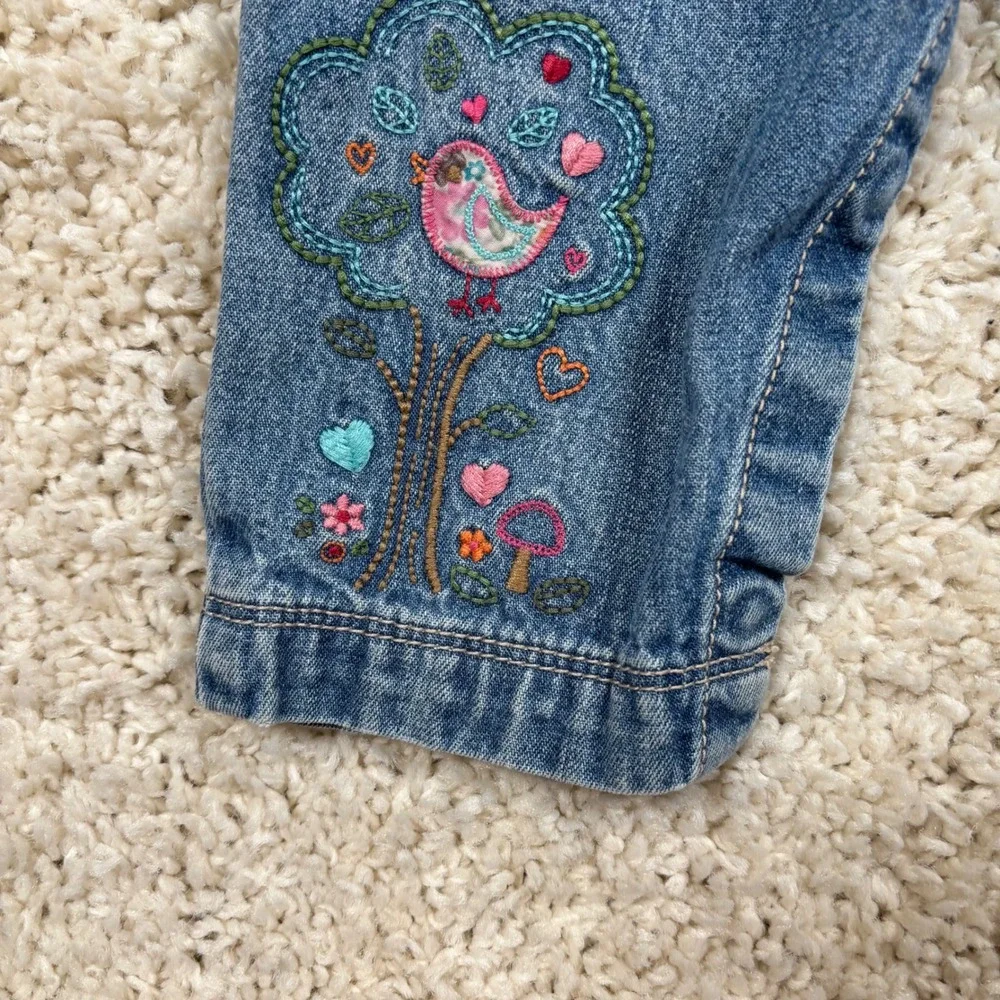 OshKosh B'gosh Baby Girl Denim Overalls Heart‎ Bird Tree Embroidery 9 Months